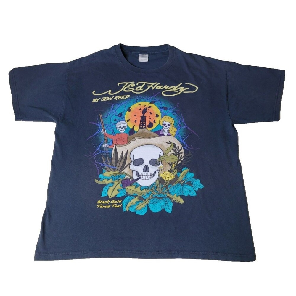 Ed Hardy by Jon Reep T-Shirt Black Gold Texas Tea Skull Cowboy Graphic Tee SZ L